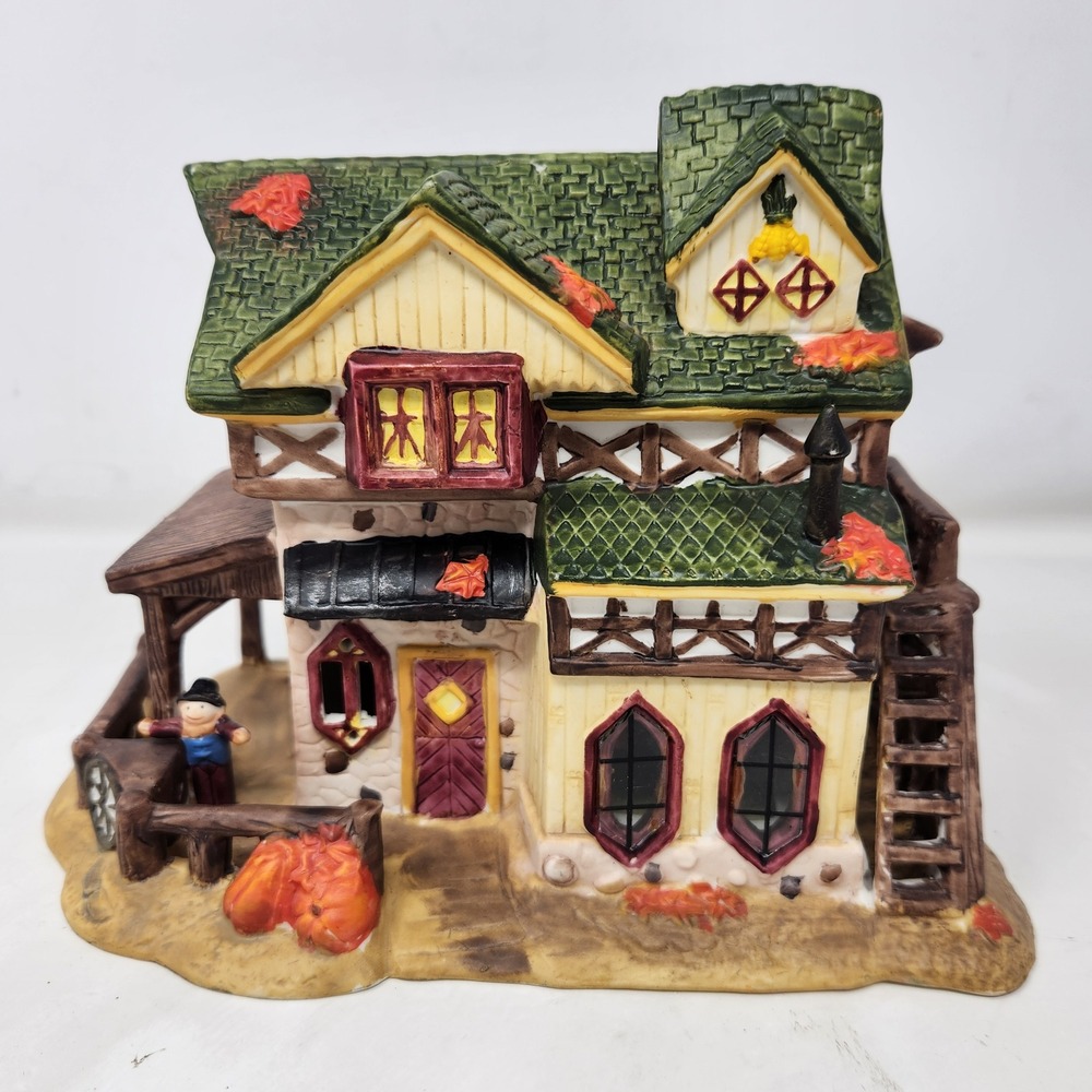 L.R. Autumn Fall Harvest Lighted Village House Tudor Cottage Pumpkins Ceramic